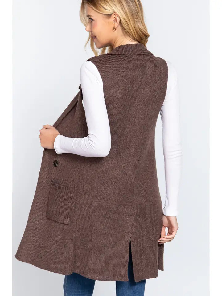 Tori Sleeveless Long Sweater Vest - Brown