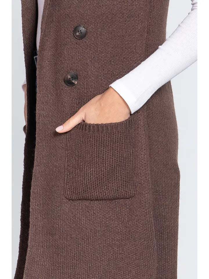 Tori Sleeveless Long Sweater Vest - Brown