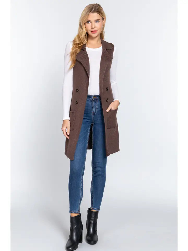 Tori Sleeveless Long Sweater Vest - Brown