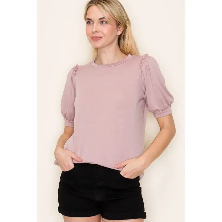 Tori Ruffle Shoulder Terry Top - Dusty Rose