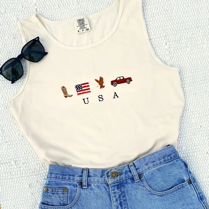 USA Embroidered Icon Tank - Ivory