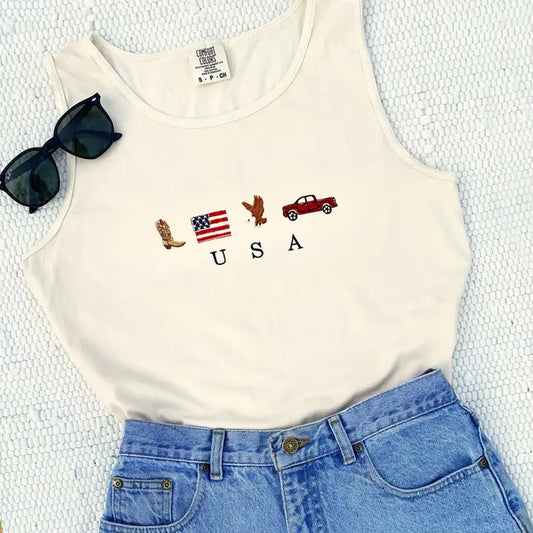 USA Embroidered Icon Tank - Ivory