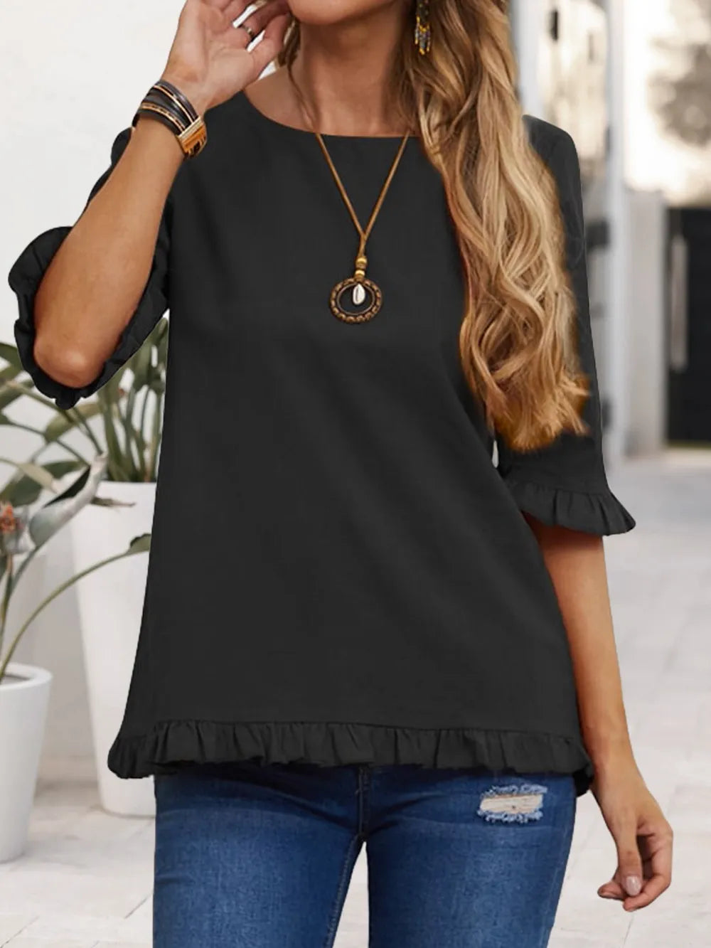 Work Ready Black Half Sleeve Blouse