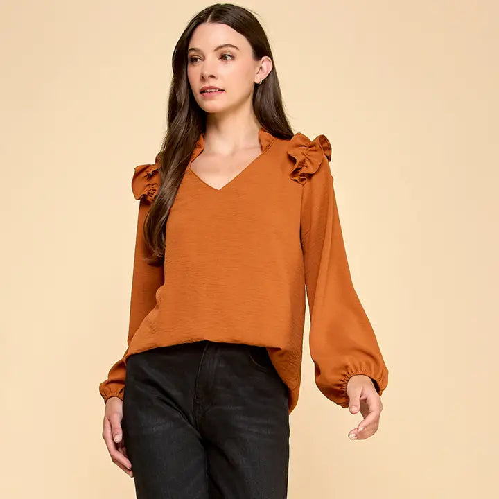 Ruffle Shoulder Blouse - Adobe