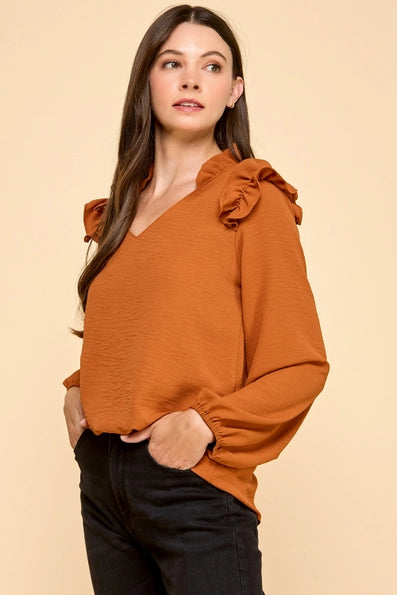 Ruffle Shoulder Blouse - Adobe