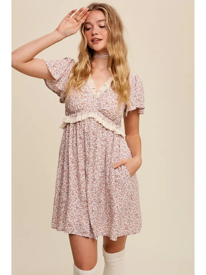 Aisley Floral Mini Dress - Taupe