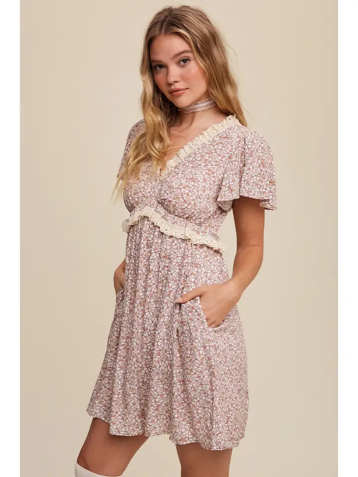 Aisley Floral Mini Dress - Taupe