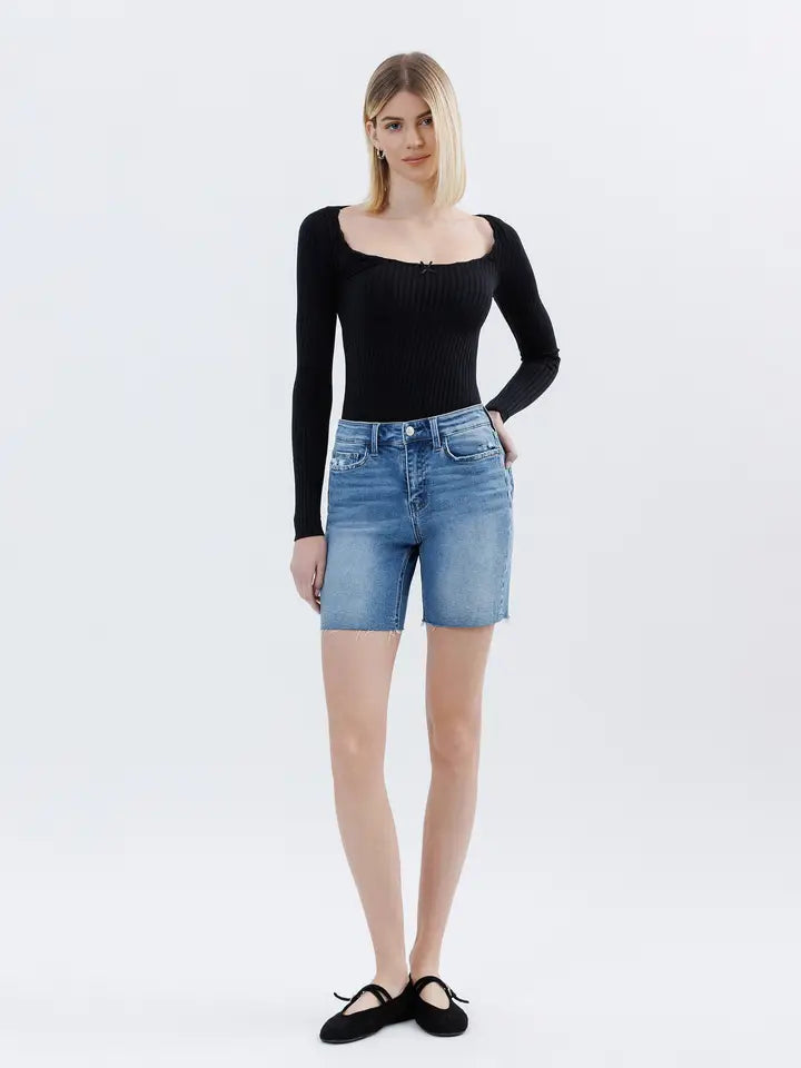 Ambition High Rise Raw Hem Vervet Bermuda Shorts