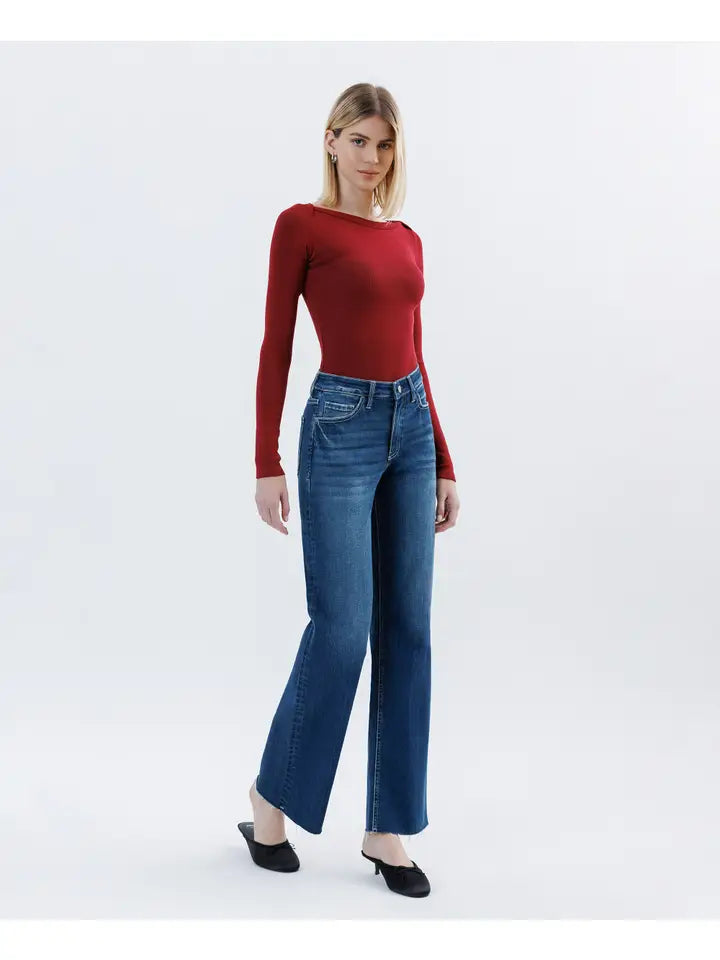 Aileeah High Rise Raw Hem Slim Wide Vervet Jean