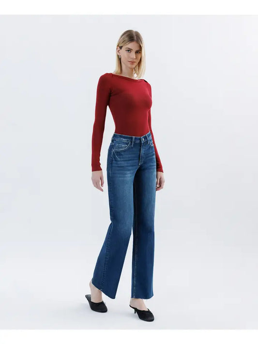 Aileeah High Rise Raw Hem Slim Wide Vervet Jean