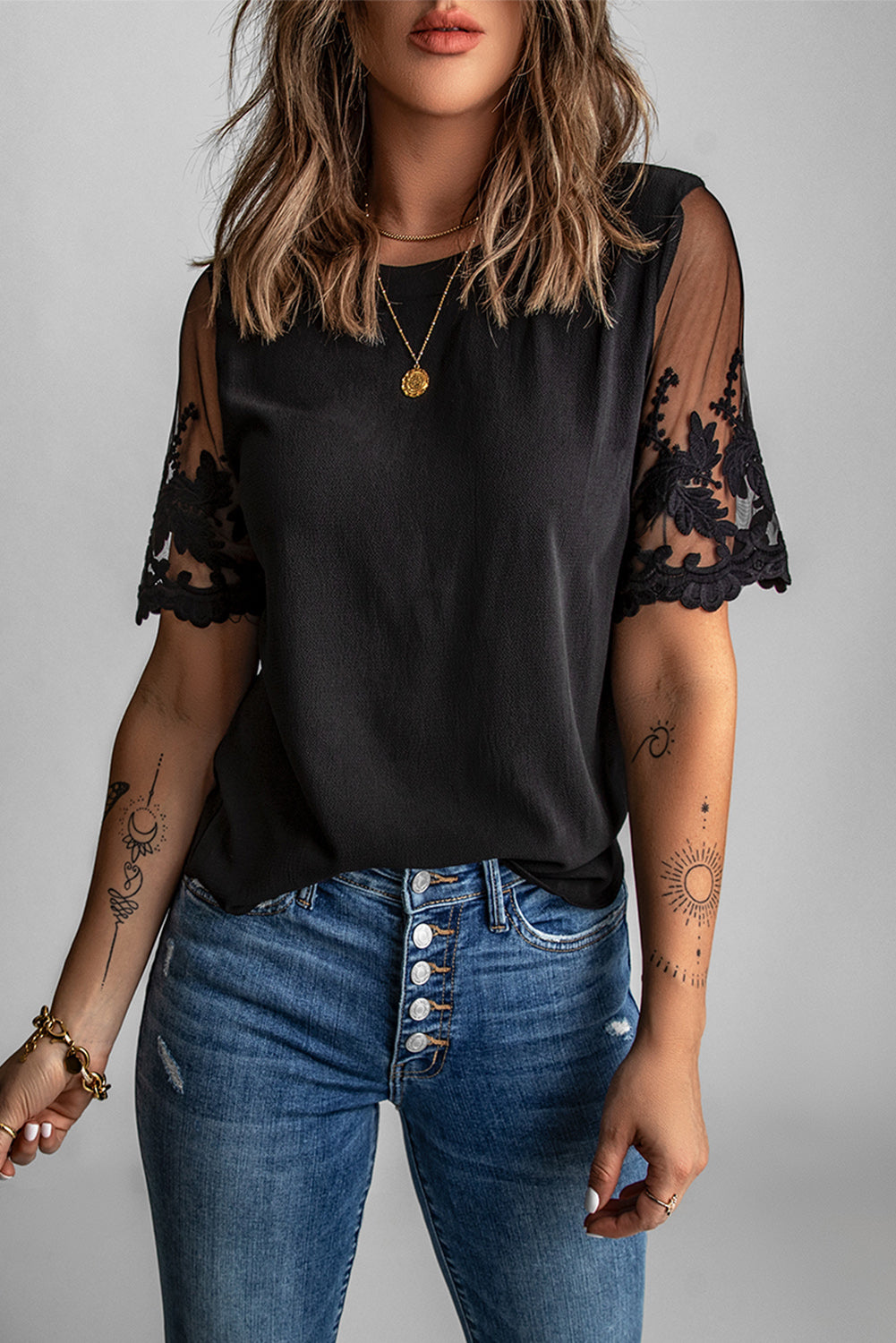 Black Floral Lace Sleeve Top