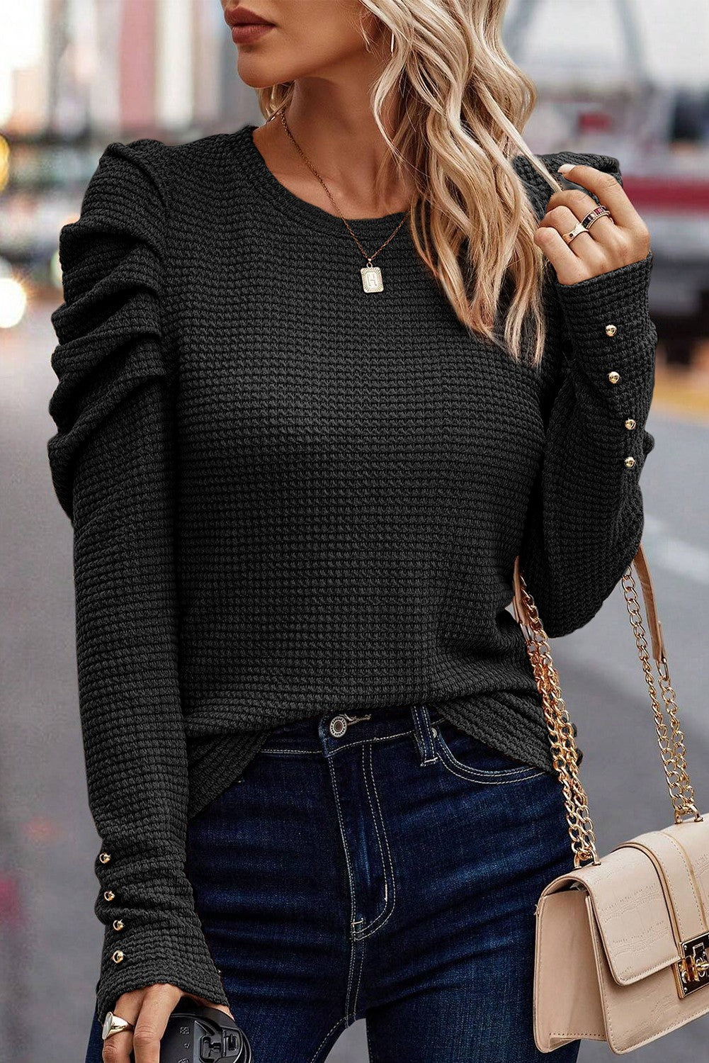 Black Textured Button Gigot Sleeve Top