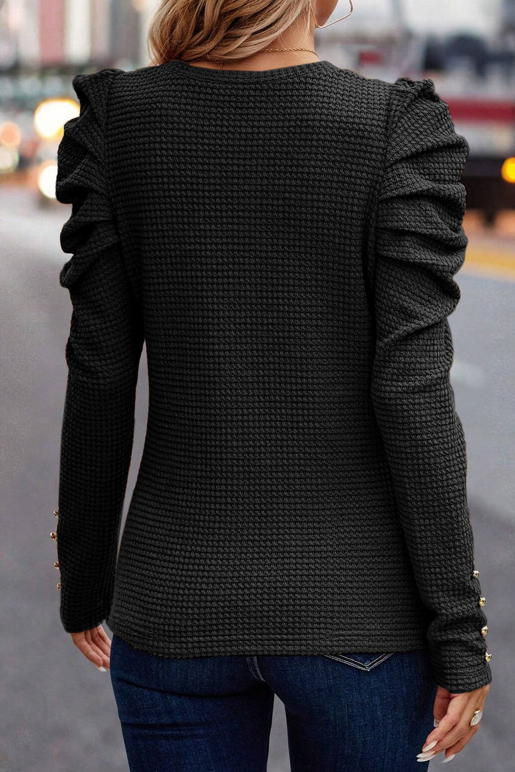 Black Textured Button Gigot Sleeve Top