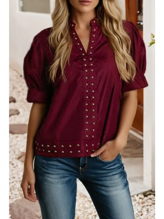 Burgundy Embellished Puff Sleeve Blouse