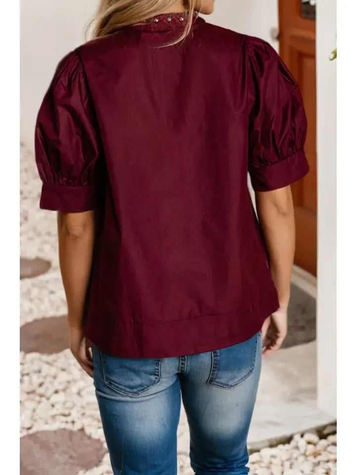 Burgundy Embellished Puff Sleeve Blouse