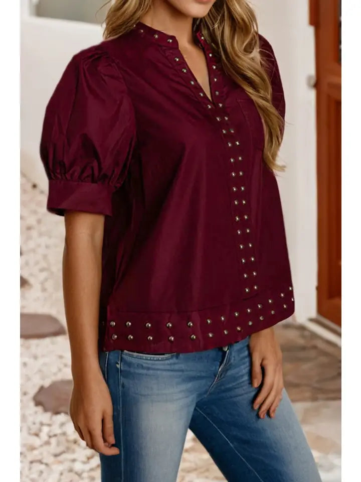 Burgundy Embellished Puff Sleeve Blouse