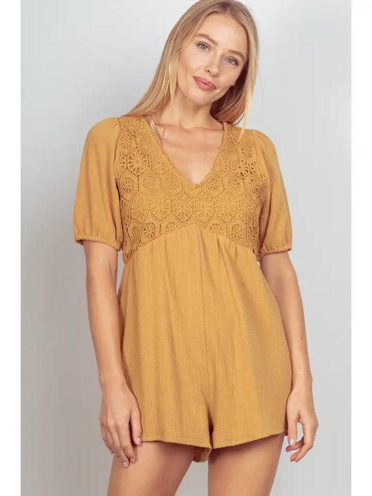 Camel Lace Detail Woven Romper