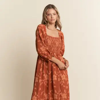 Chandee Floral Print Smocked Maxi Dress - Brick