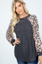 Load image into Gallery viewer, Charcoal Cheetah Sleeve Brushed Sweater
