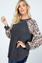 Load image into Gallery viewer, Charcoal Cheetah Sleeve Brushed Sweater
