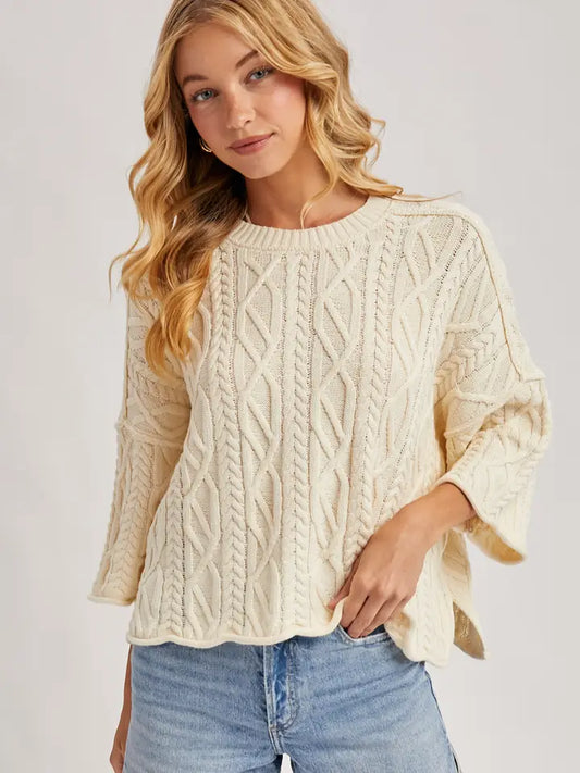 Allison Bell Sleeve Cable Knit Sweater - Cream