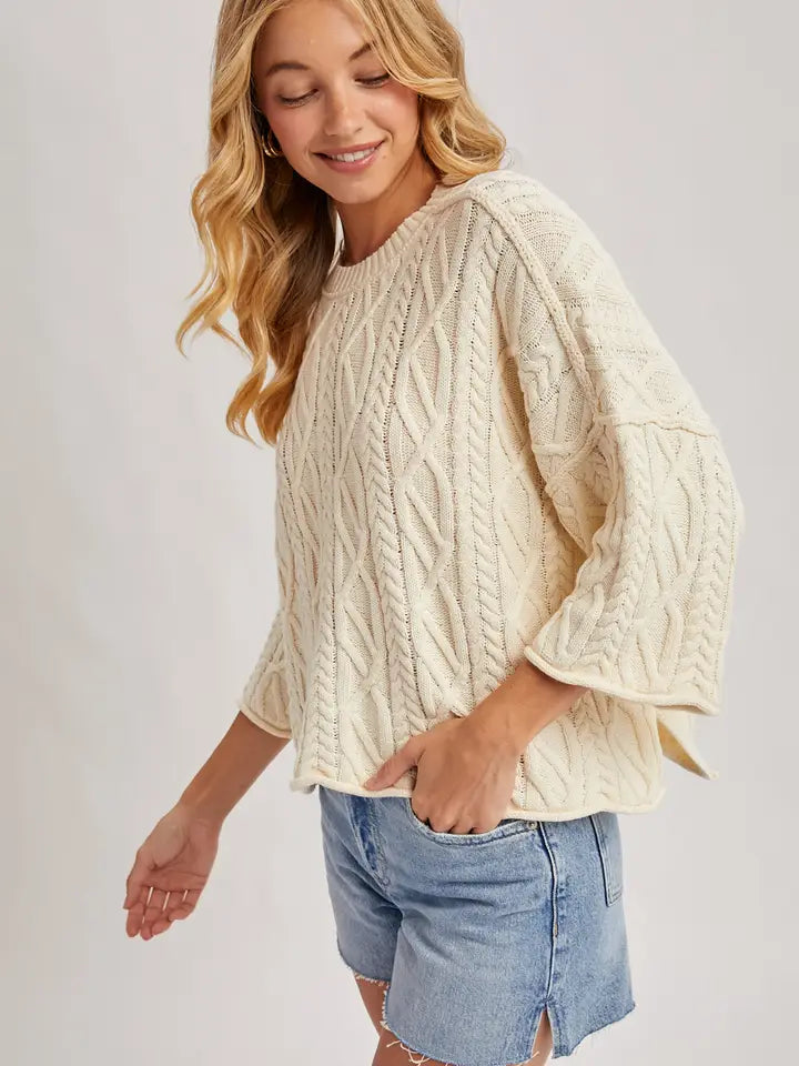 Allison Bell Sleeve Cable Knit Sweater - Cream