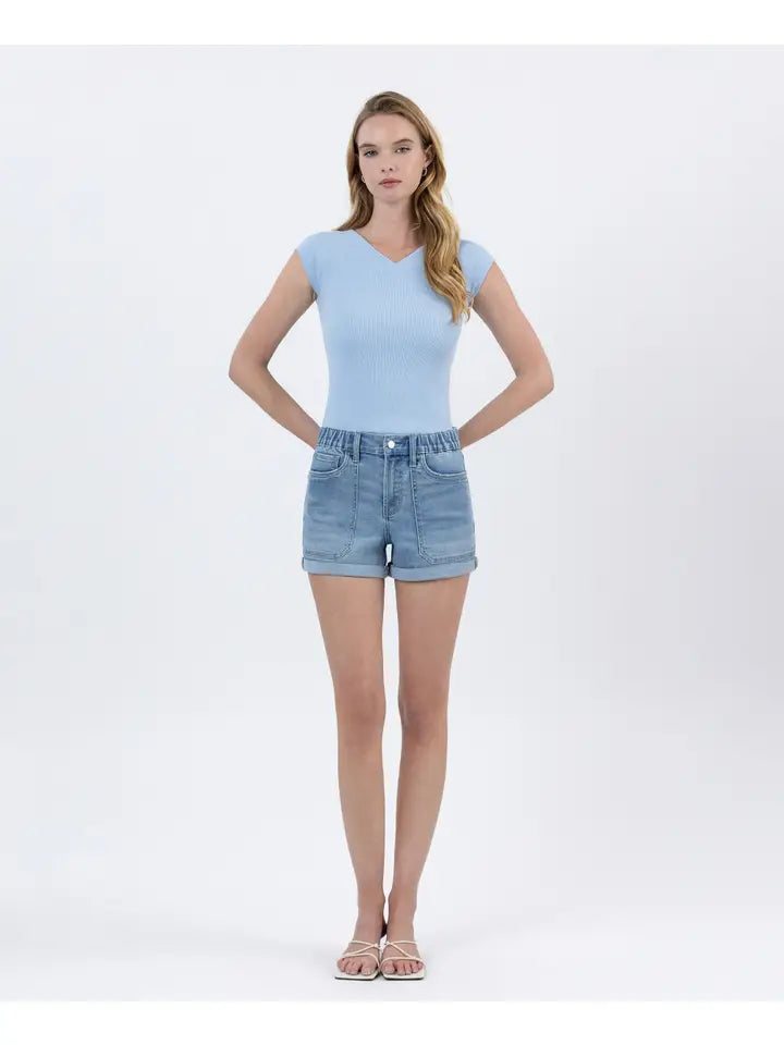 Desirable High Rise Double Cuffed Vervet Denim Shorts