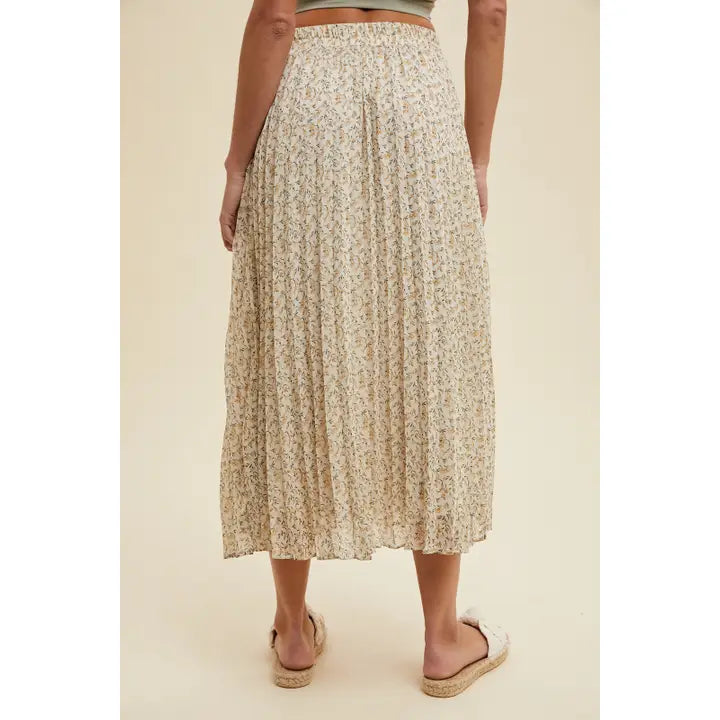 Floral Pleated Midi Skirt - Cream/Golden