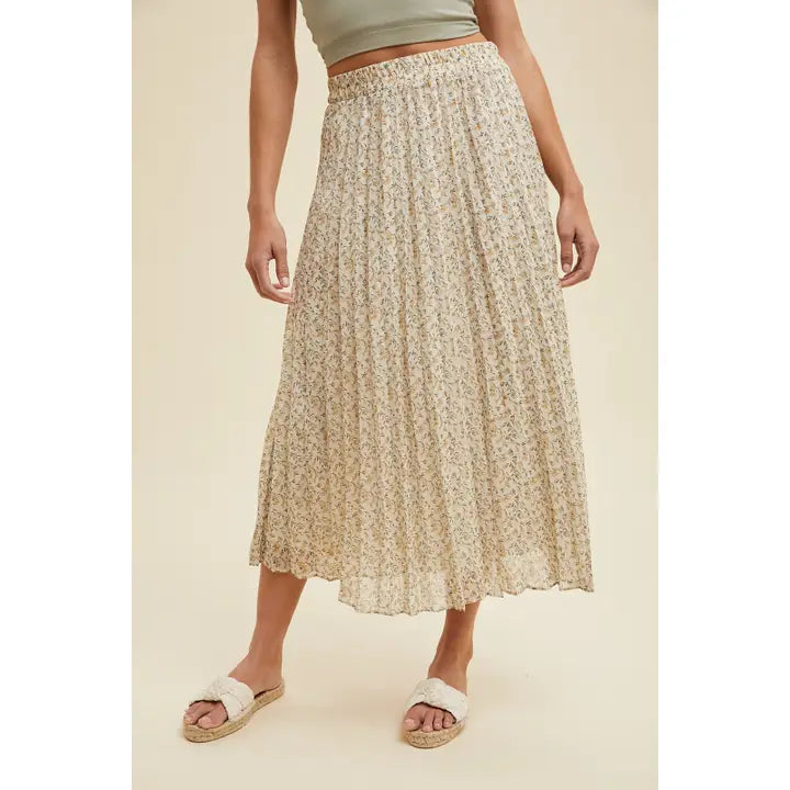 Floral Pleated Midi Skirt - Cream/Golden