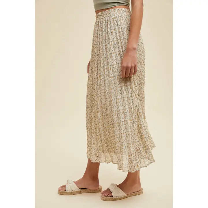 Floral Pleated Midi Skirt - Cream/Golden