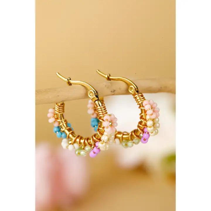 Flower Beaded Hoop Earrings