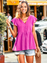 Load image into Gallery viewer, Fuchsia Eyelet Flutter Sleeve Blouse
