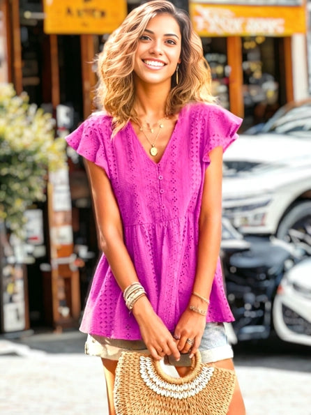 Fuchsia Eyelet Flutter Sleeve Blouse