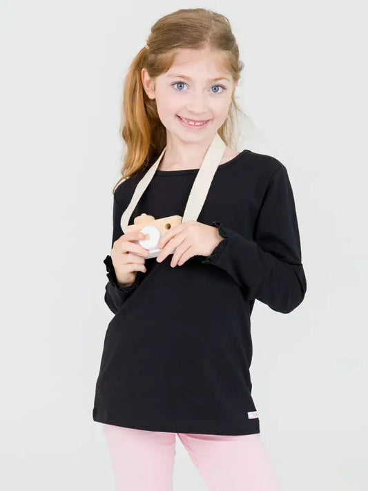 Girls Black Ruffle Sleeve Top