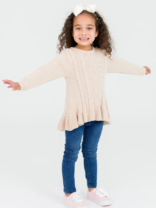 Girls Camel Cable Knit Sweater