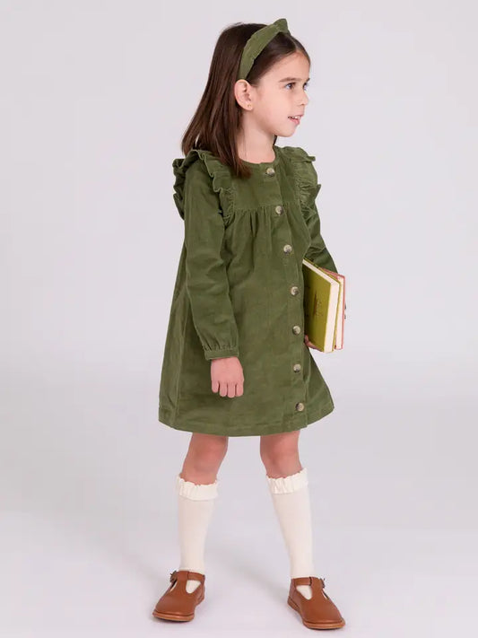 Girls Dusty Olive Corduroy Dress