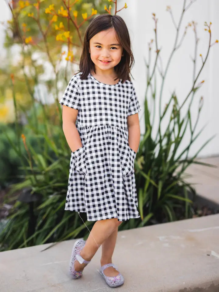 Girls Gingham Pocket Dress - Black