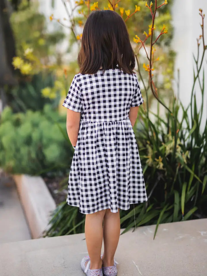 Girls Gingham Pocket Dress - Black