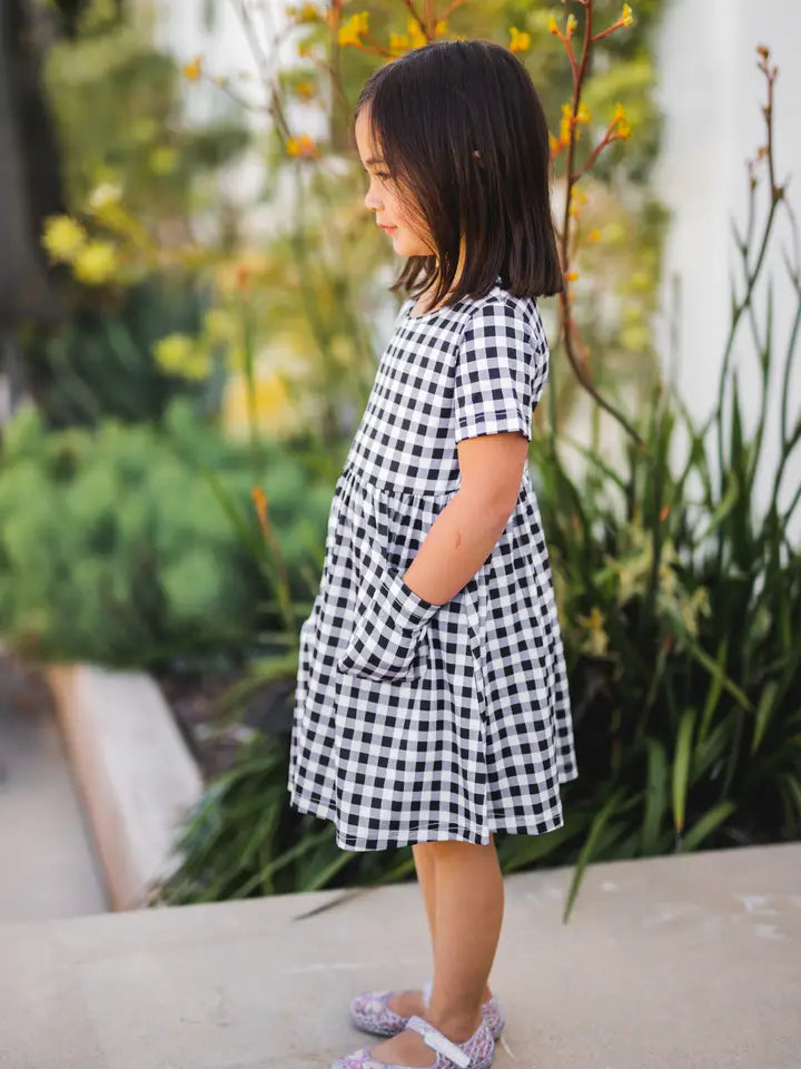 Girls Gingham Pocket Dress - Black