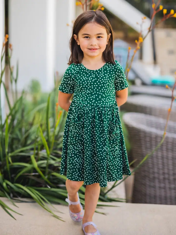 Girls Dot Pocket Dress - Green