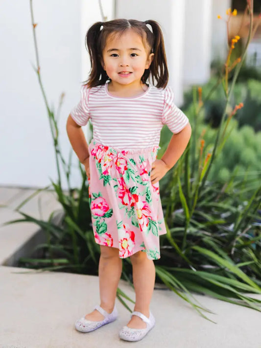 Girls Stripe Floral Dress - Pink