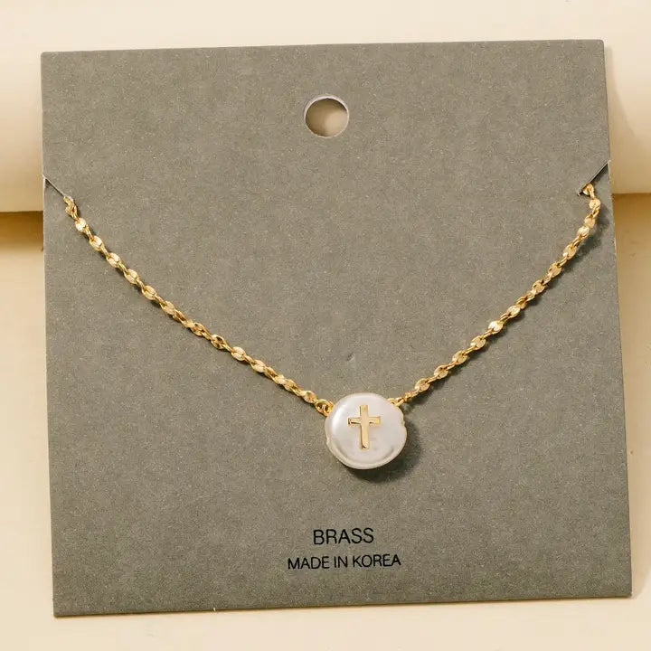 Gold Pearl Cross Pendant Necklace