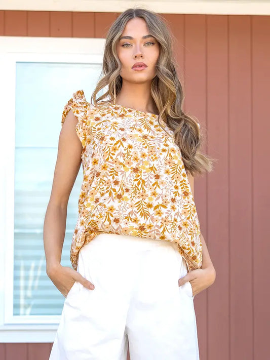 Golden Floral Ruffled Short Sleeves Top