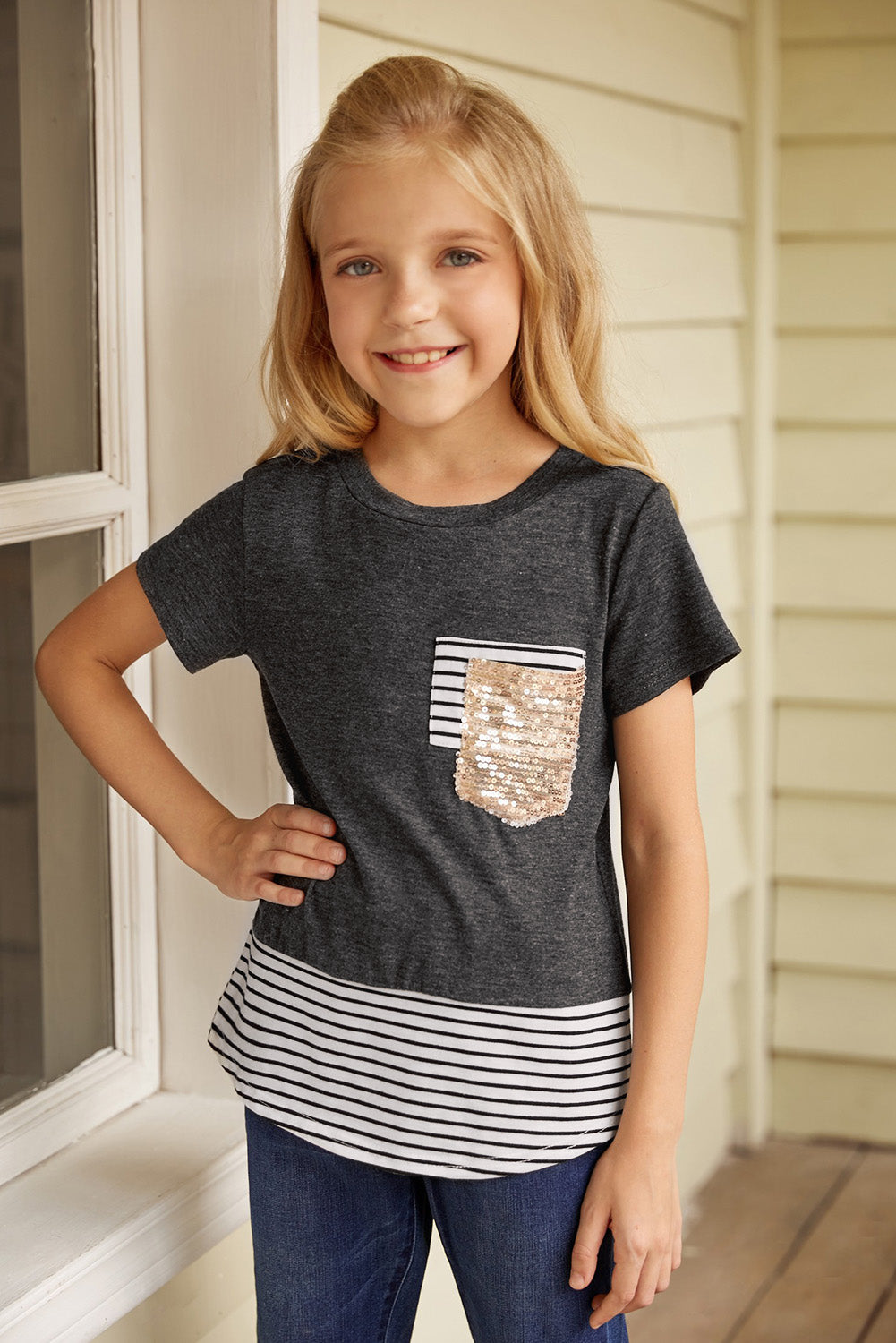 Girls Gray Striped Sequin Top