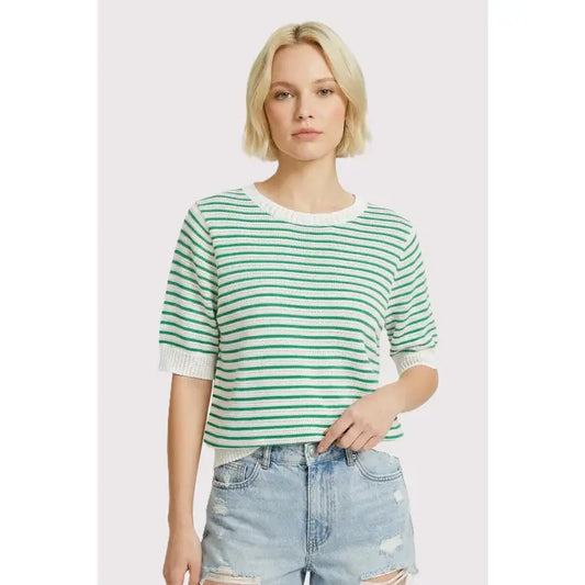 Green Pointelle Striped Sweater Top