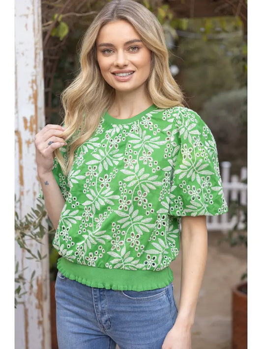 Green Embroidered Eyelet Top