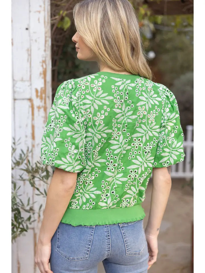 Green Embroidered Eyelet Top
