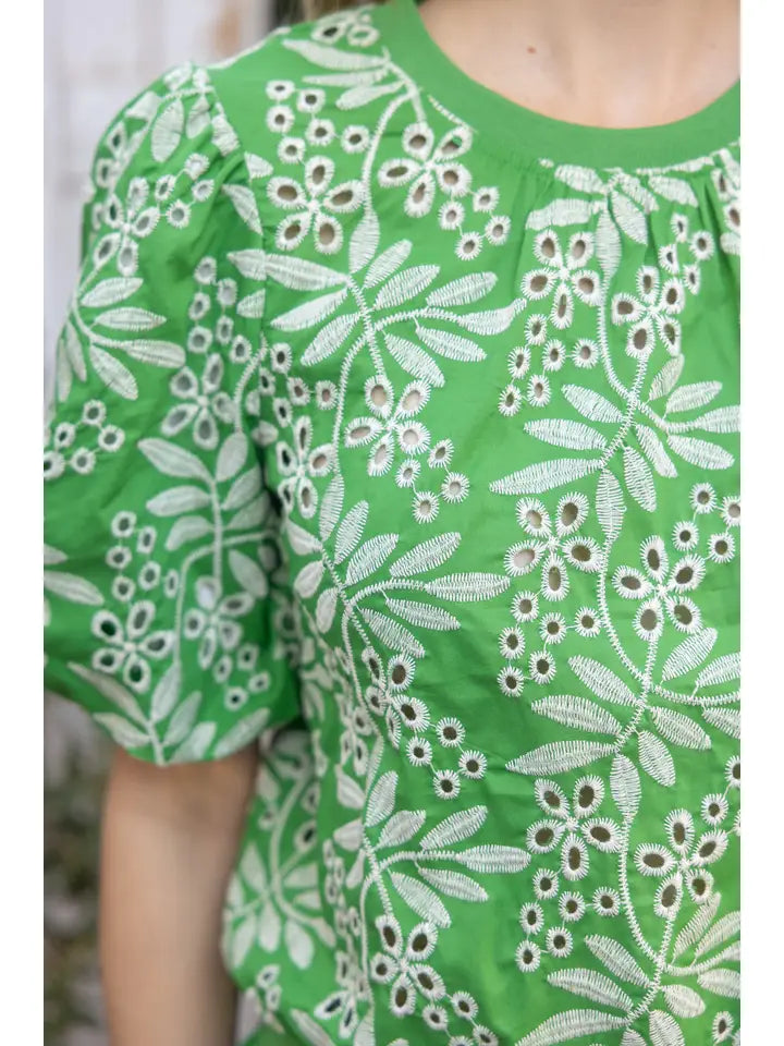 Green Embroidered Eyelet Top