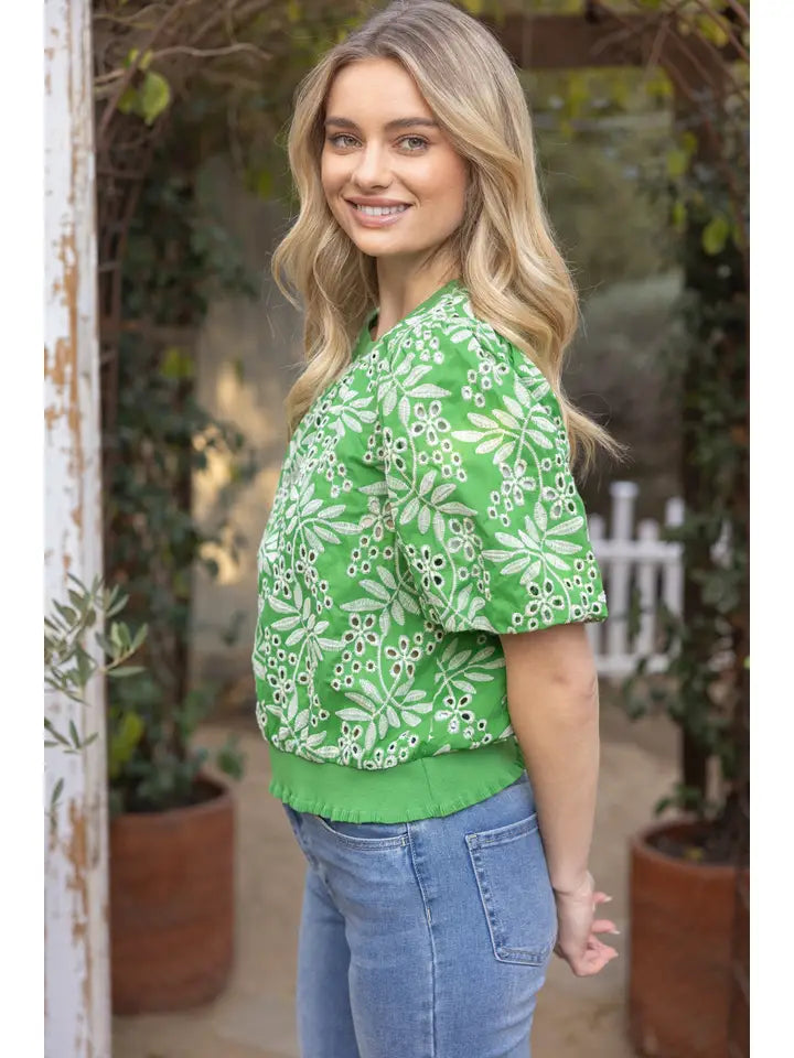Green Embroidered Eyelet Top