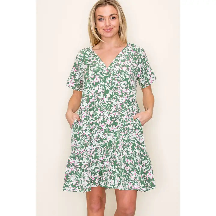 Nessa Green Floral Dress with Pockets